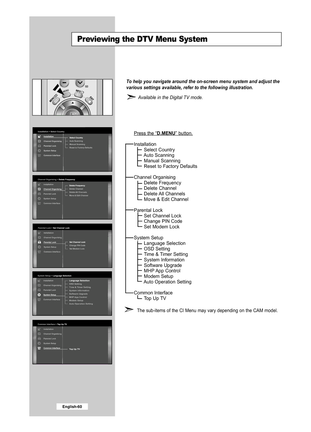 Samsung LE32R53BD, LE26R53BD manual Previewing the DTV Menu System, Available in the Digital TV mode 