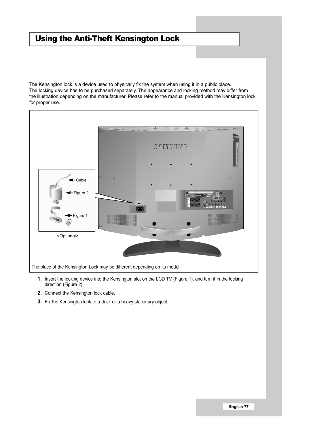 Samsung LE26R53BD, LE32R53BD manual Using the Anti-Theft Kensington Lock 