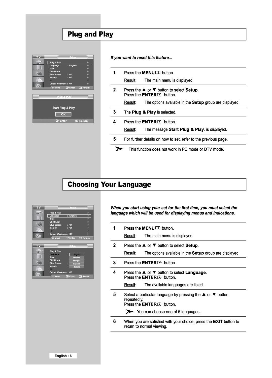 Samsung LE32R53BD, LE26R53BD manual Choosing Your Language, If you want to reset this feature, Plug and Play, English-16 