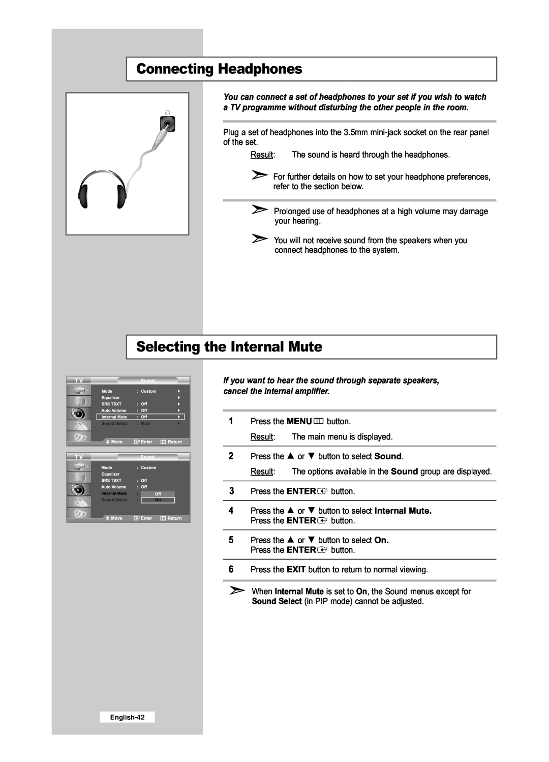 Samsung LE32R53BD, LE26R53BD manual Connecting Headphones, Selecting the Internal Mute, English-42 