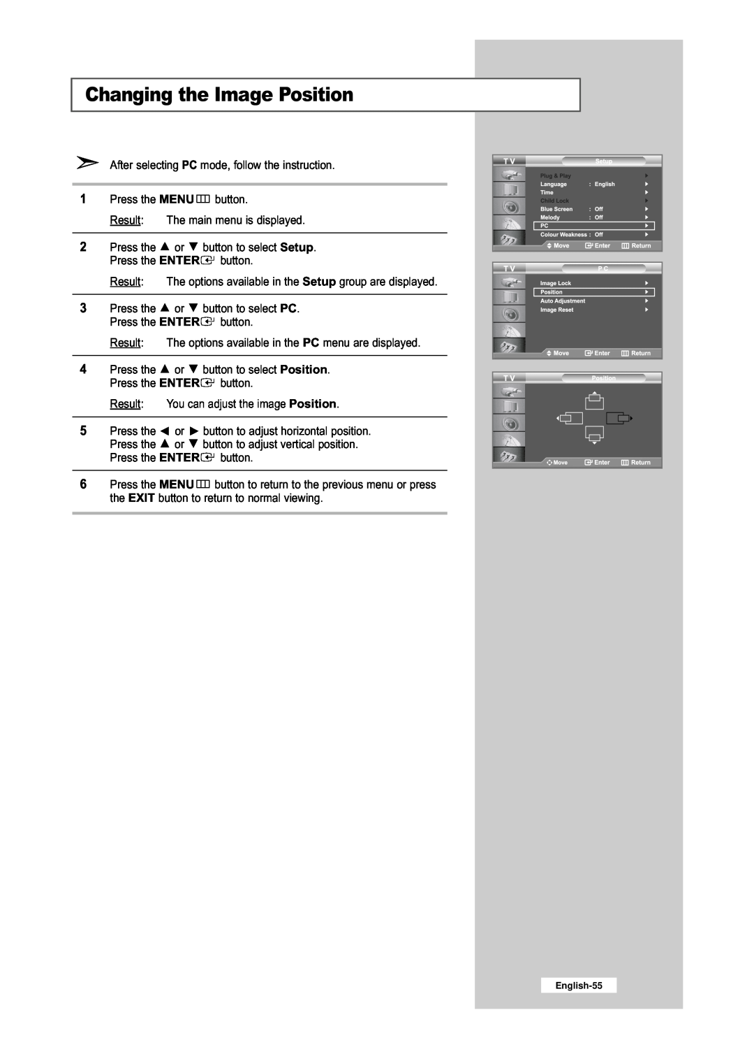 Samsung LE26R53BD, LE32R53BD manual Changing the Image Position, English-55 