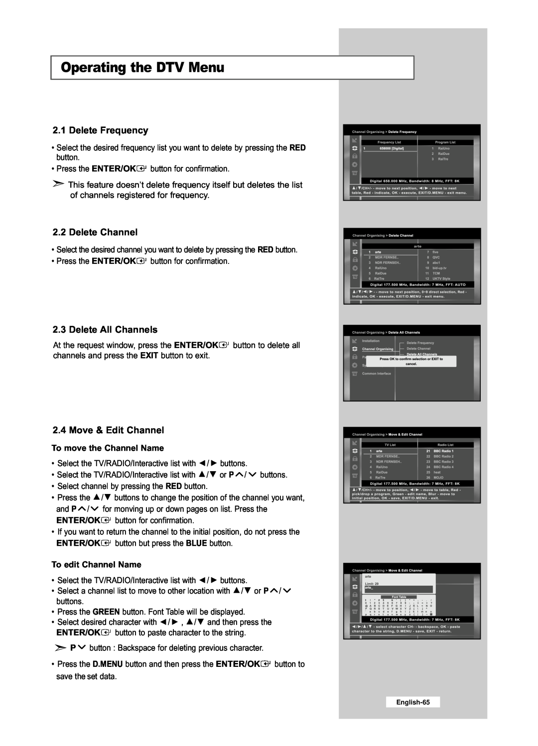 Samsung LE26R53BD Delete Frequency, Delete Channel, Delete All Channels, Move & Edit Channel, To move the Channel Name 