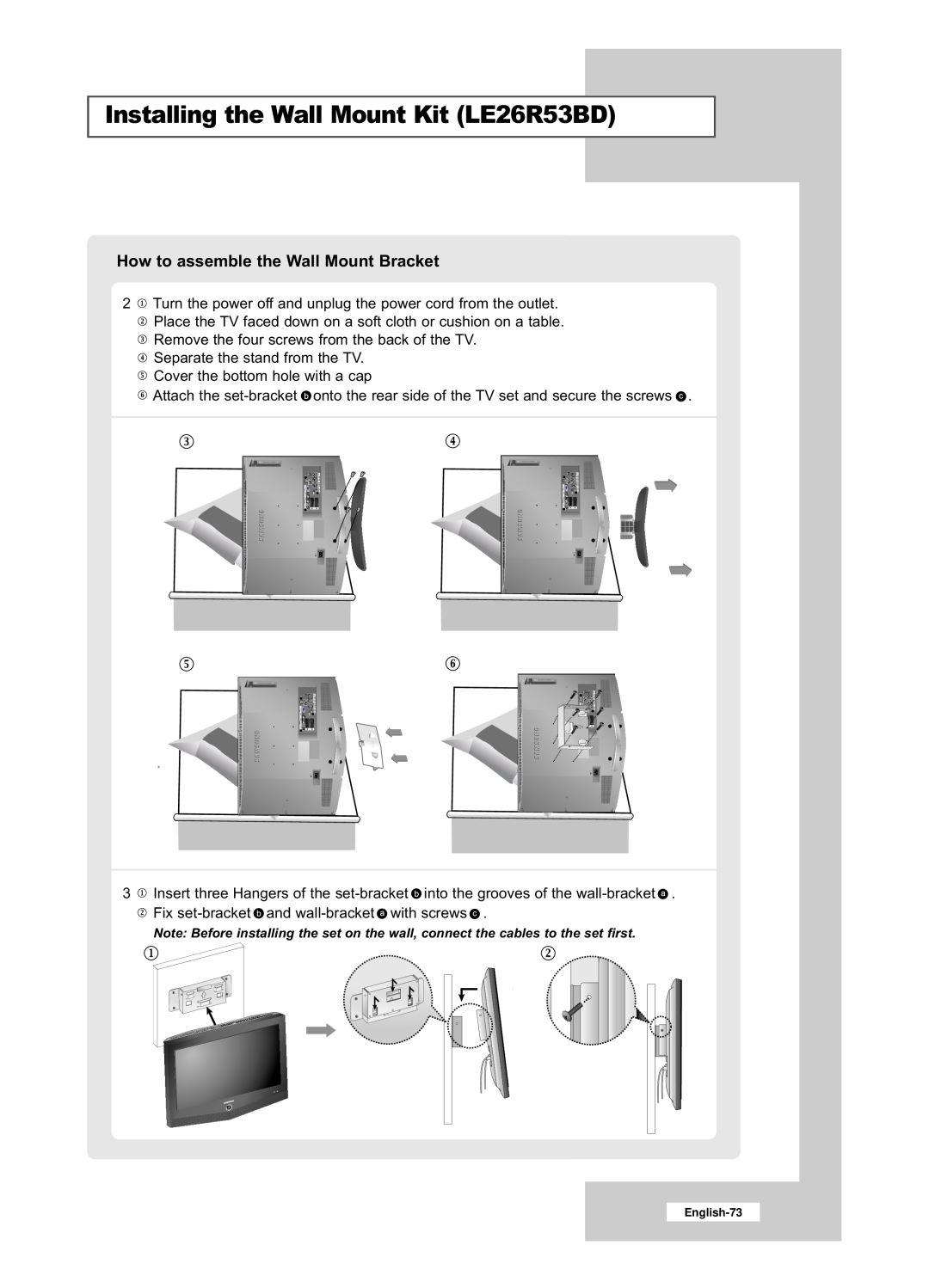 Samsung LE32R53BD manual Installing the Wall Mount Kit LE26R53BD, How to assemble the Wall Mount Bracket 