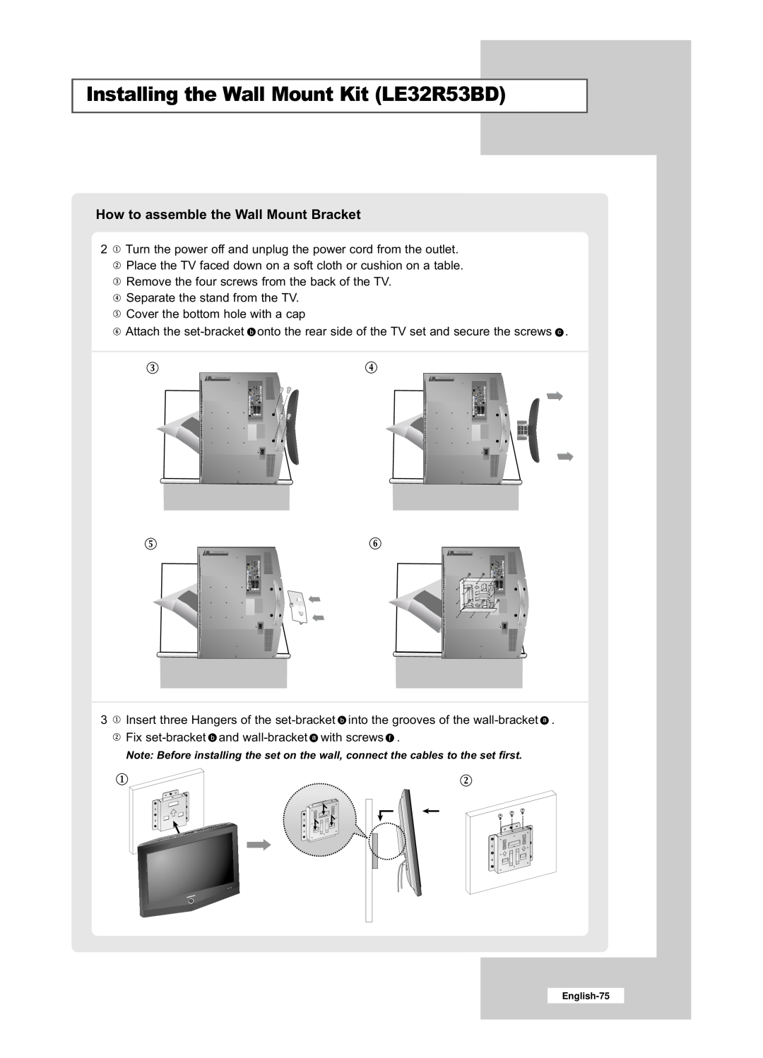 Samsung LE26R53BD manual Installing the Wall Mount Kit LE32R53BD, How to assemble the Wall Mount Bracket, English-75 
