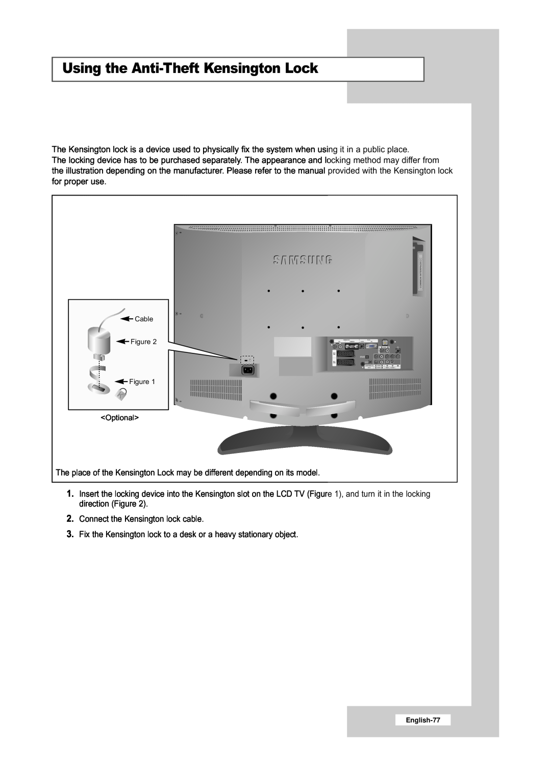 Samsung LE26R53BD, LE32R53BD manual Using the Anti-Theft Kensington Lock, Optional 