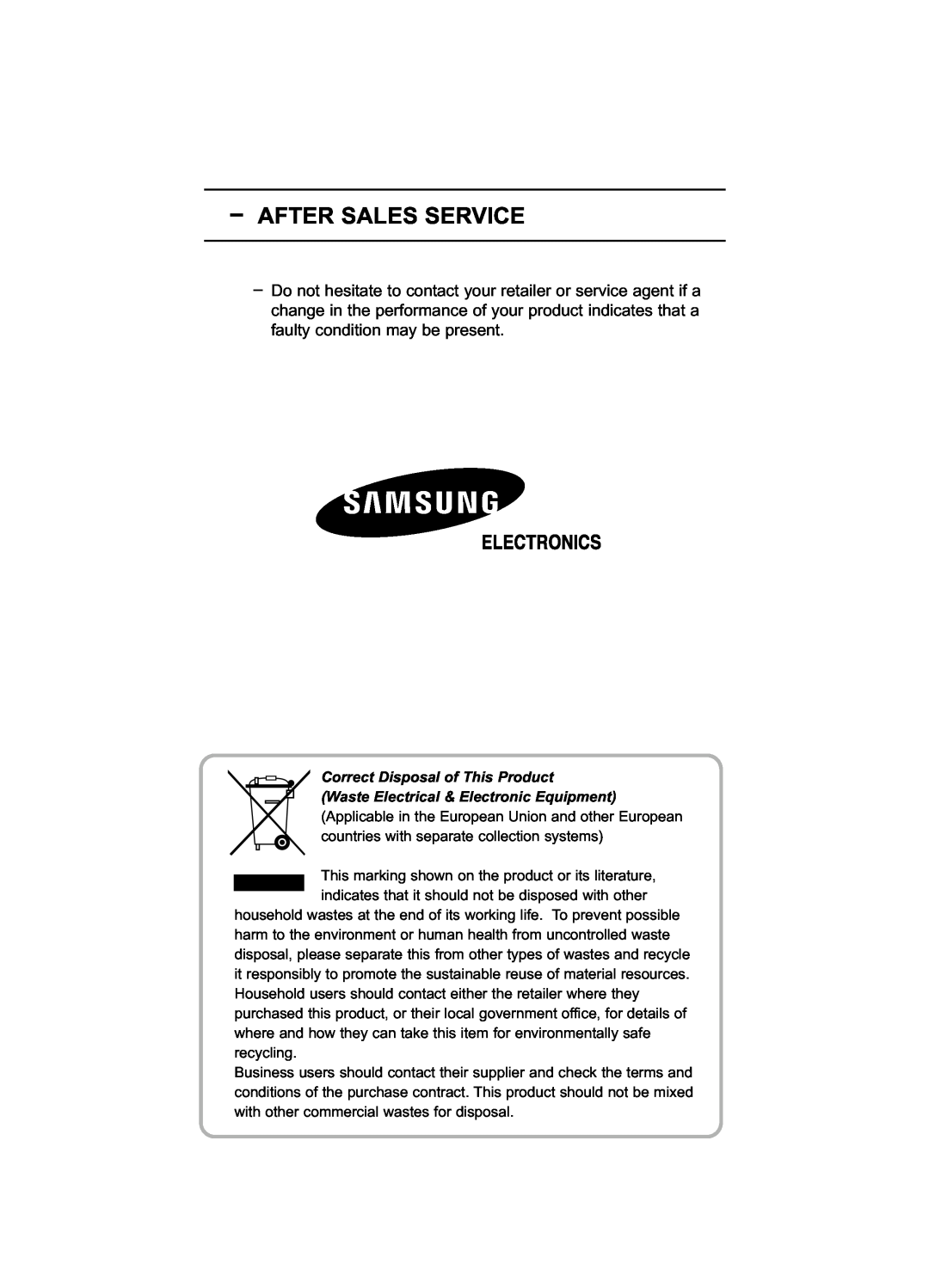 Samsung LE32R53BD manual After Sales Service, Correct Disposal of This Product, Waste Electrical & Electronic Equipment 