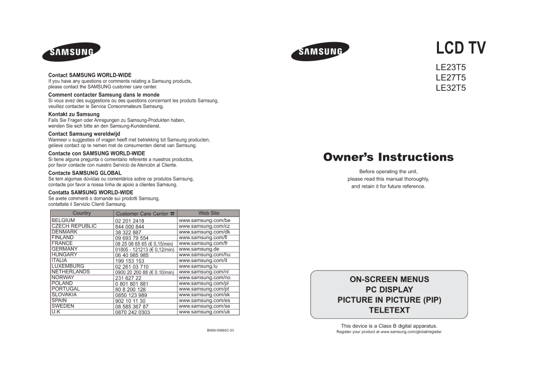 Samsung LE23T5, LE32T5, LE27T5 manual Lcd Tv 