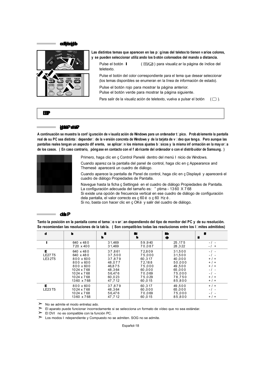 Samsung LE23T5, LE32T5 Ajuste DEL PC, Uso de Fastext para seleccionar una página del teletexto, Modo de visualización PC 