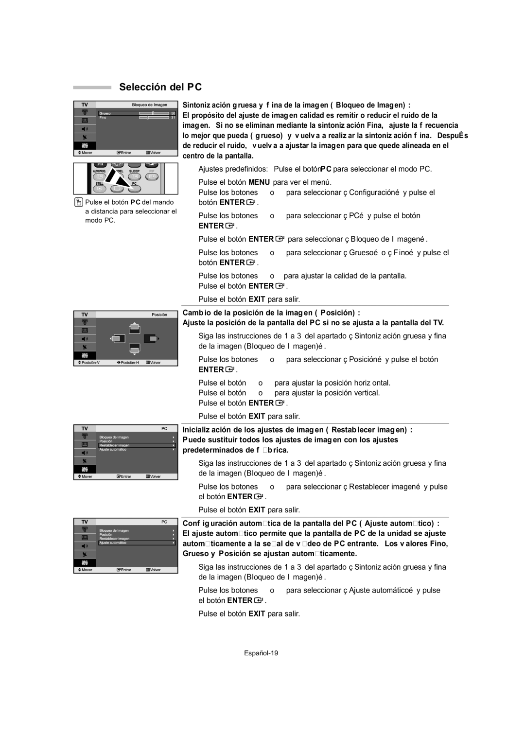 Samsung LE27T5, LE32T5 Selección del PC, Sintonización gruesa y fina de la imagen Bloqueo de Imagen, Centro de la pantalla 