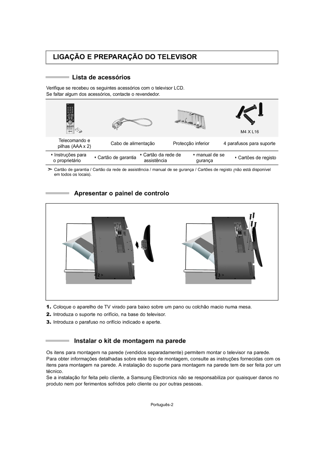 Samsung LE27T5, LE32T5, LE23T5 manual Ligação E Preparação do Televisor, Lista de acessórios, Apresentar o painel de controlo 