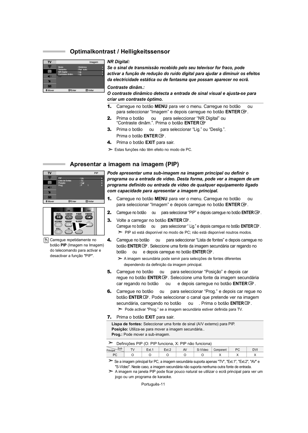 Samsung LE27T5, LE32T5, LE23T5 manual Optimalkontrast / Helligkeitssensor, Apresentar a imagem na imagem PIP, NR Digital 