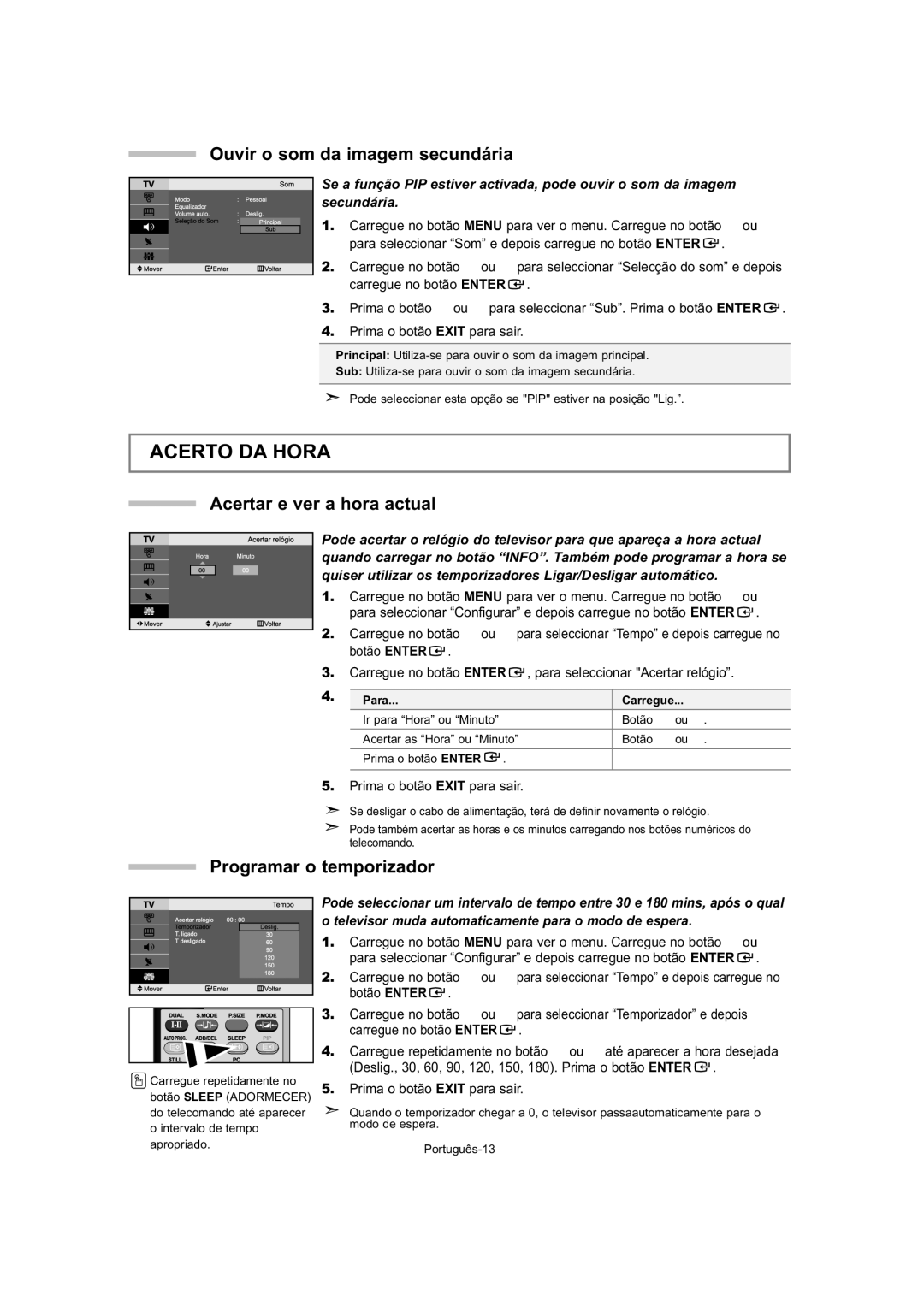 Samsung LE23T5 Acerto DA Hora, Ouvir o som da imagem secundária, Acertar e ver a hora actual, Programar o temporizador 