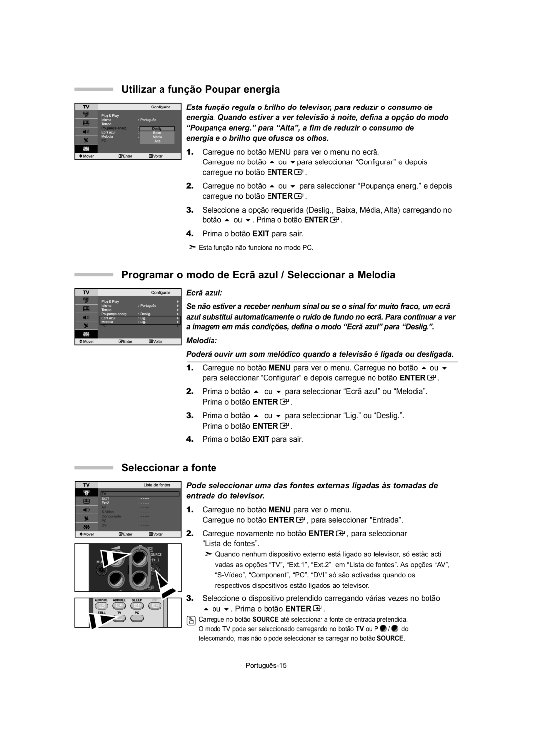 Samsung LE32T5, LE23T5, LE27T5 manual Utilizar a função Poupar energia, Programar o modo de Ecrã azul / Seleccionar a Melodia 