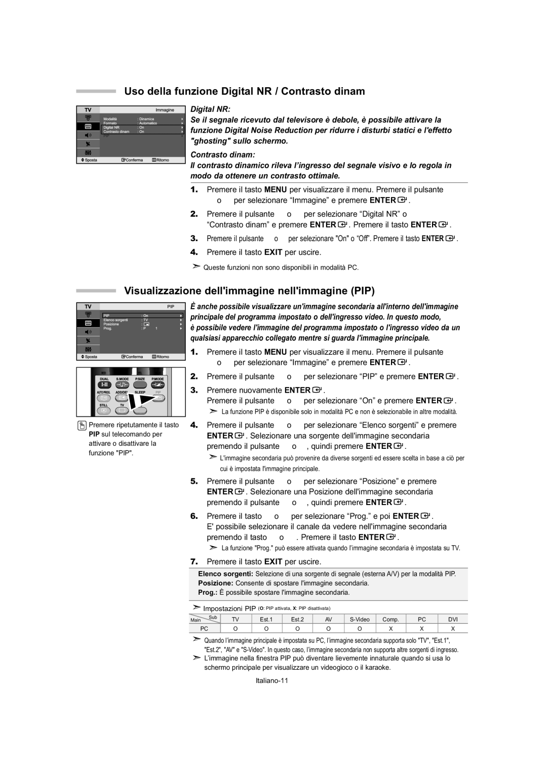 Samsung LE23T5, LE32T5 manual Uso della funzione Digital NR / Contrasto dinam, Visualizzazione dellimmagine nellimmagine PIP 