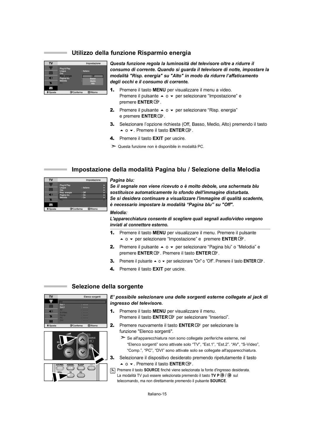 Samsung LE27T5, LE32T5, LE23T5 manual Utilizzo della funzione Risparmio energia, Selezione della sorgente 