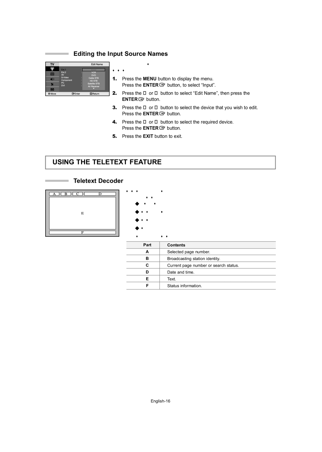 Samsung LE32T5 manual Using the Teletext Feature, Editing the Input Source Names, Teletext Decoder, Source selection easier 