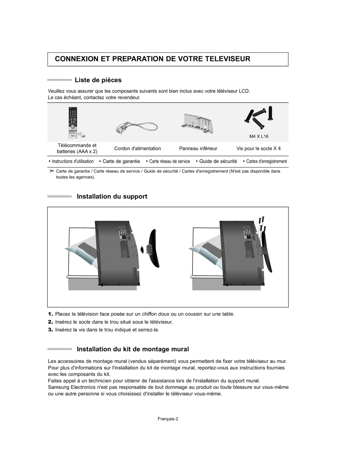 Samsung LE32T5, LE23T5, LE27T5 manual Connexion ET Preparation DE Votre Televiseur, Liste de pièces, Installation du support 