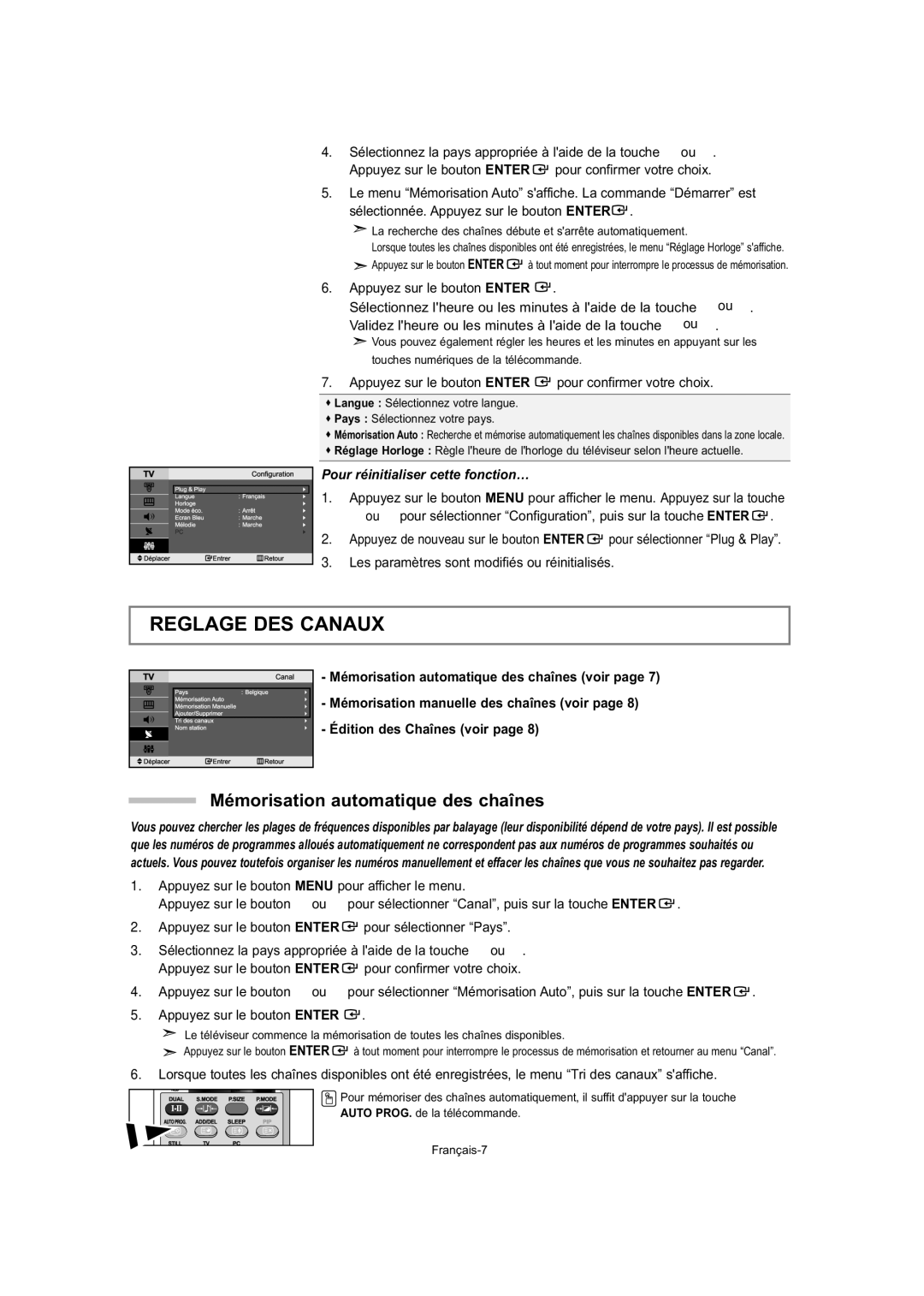 Samsung LE27T5, LE32T5, LE23T5 Reglage DES Canaux, Mémorisation automatique des chaînes, Pour réinitialiser cette fonction… 