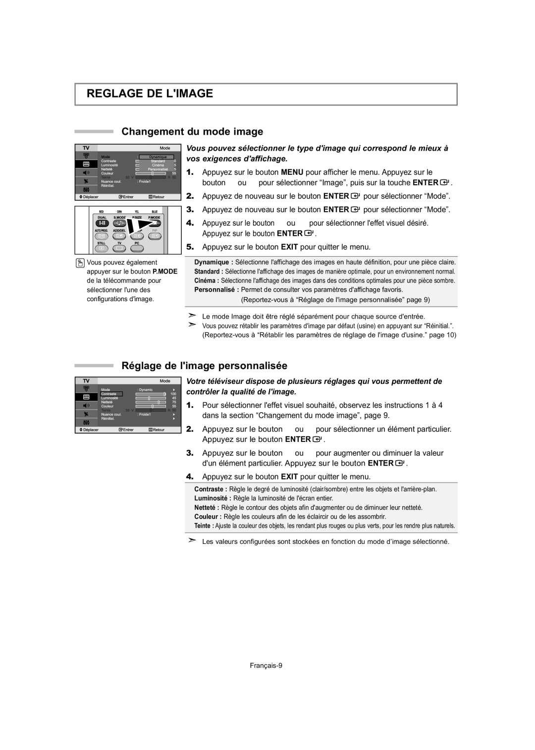 Samsung LE23T5, LE32T5, LE27T5 manual Reglage DE Limage, Changement du mode image, Réglage de limage personnalisée 