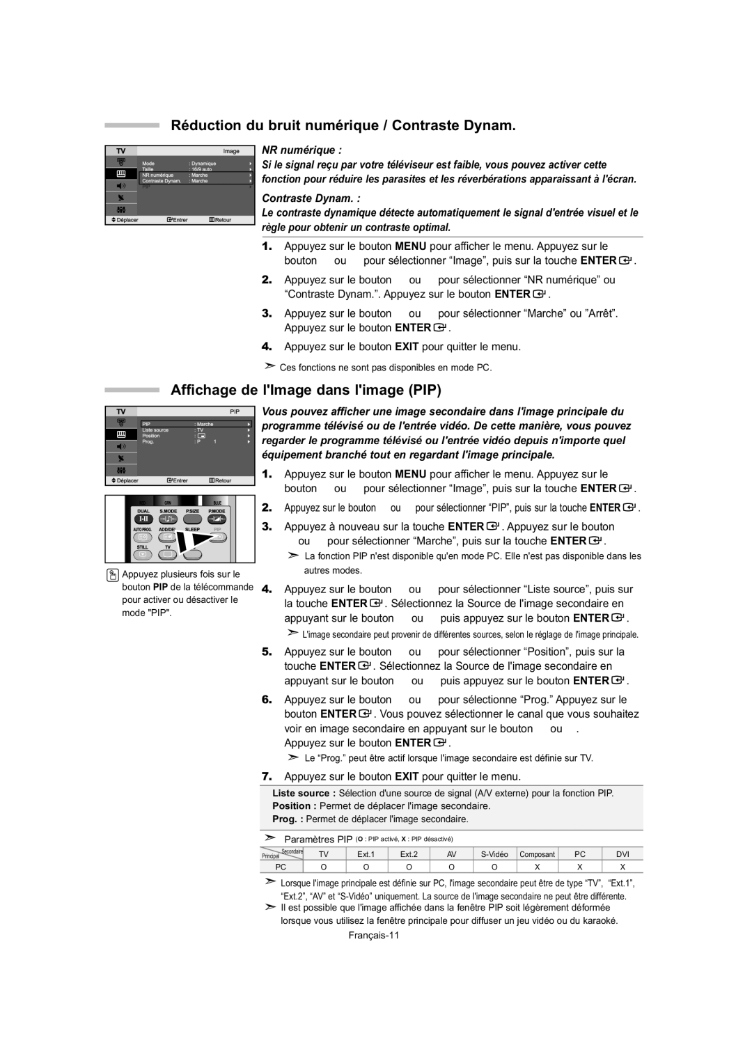 Samsung LE32T5, LE23T5 Réduction du bruit numérique / Contraste Dynam, Affichage de lImage dans limage PIP, NR numérique 