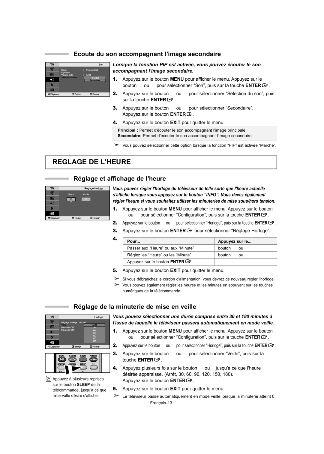 Samsung LE27T5, LE32T5 Reglage DE Lheure, Ecoute du son accompagnant limage secondaire, Réglage et affichage de lheure 