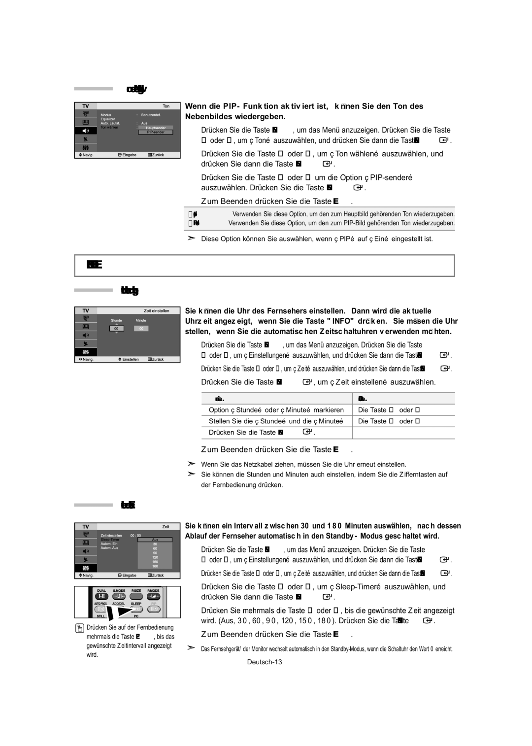 Samsung LE23T5, LE32T5, LE27T5 manual Einstellen DER Zeit, Ton des Nebenbildes wiedergeben, Uhrzeit einstellen und anzeigen 