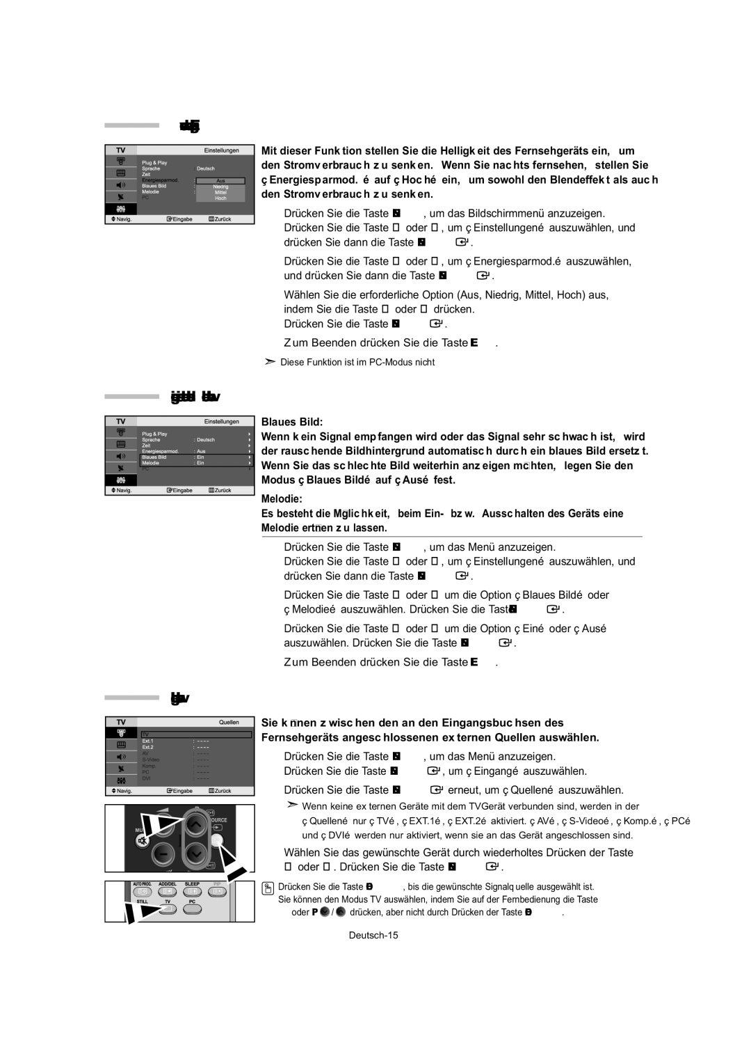 Samsung LE32T5, LE23T5, LE27T5 manual Verwenden der Energiesparfunktion, Anzeigen eines blauen Bildschirms / Melodie wählen 