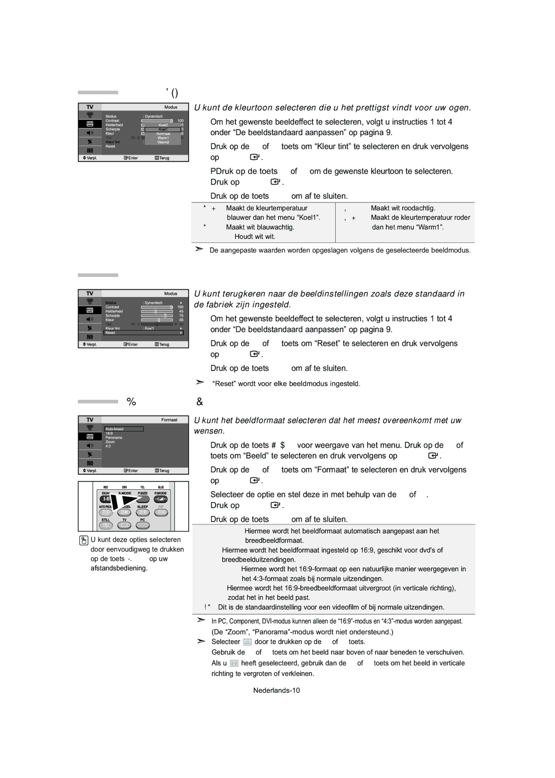 Samsung LE32T5, LE23T5, LE27T5 manual De kleurtint wijzigen, Het beeldformaat selecteren, Op Enter 