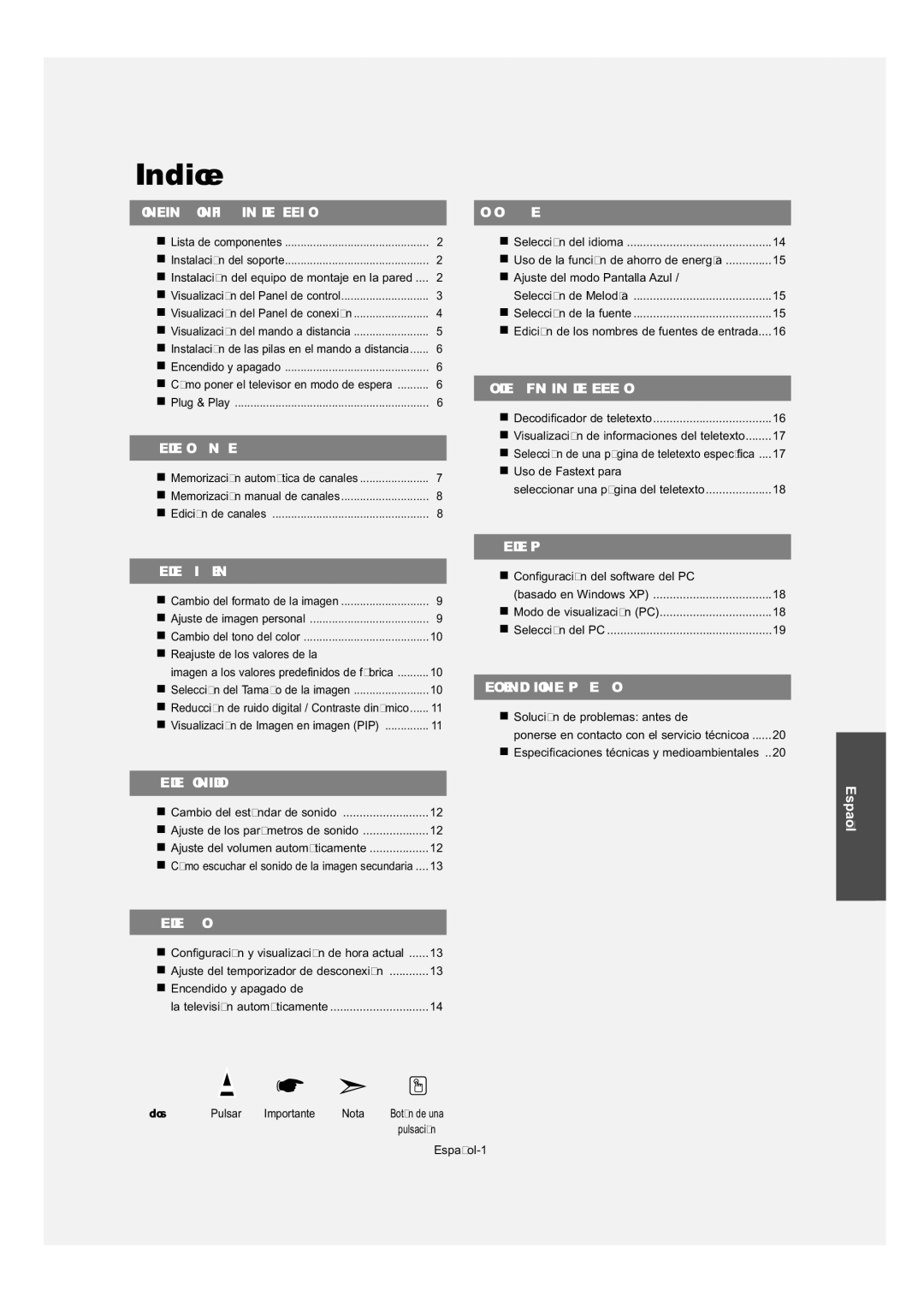 Samsung LE27T5, LE32T5, LE23T5 manual Indice, Símbolos 