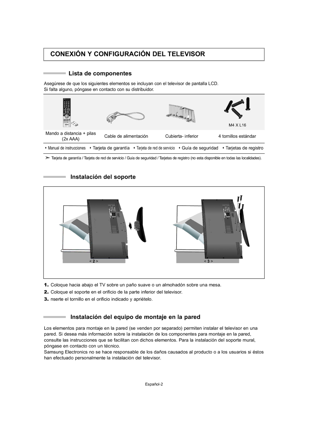 Samsung LE32T5, LE23T5, LE27T5 manual Conexión Y Configuración DEL Televisor, Lista de componentes, Instalación del soporte 