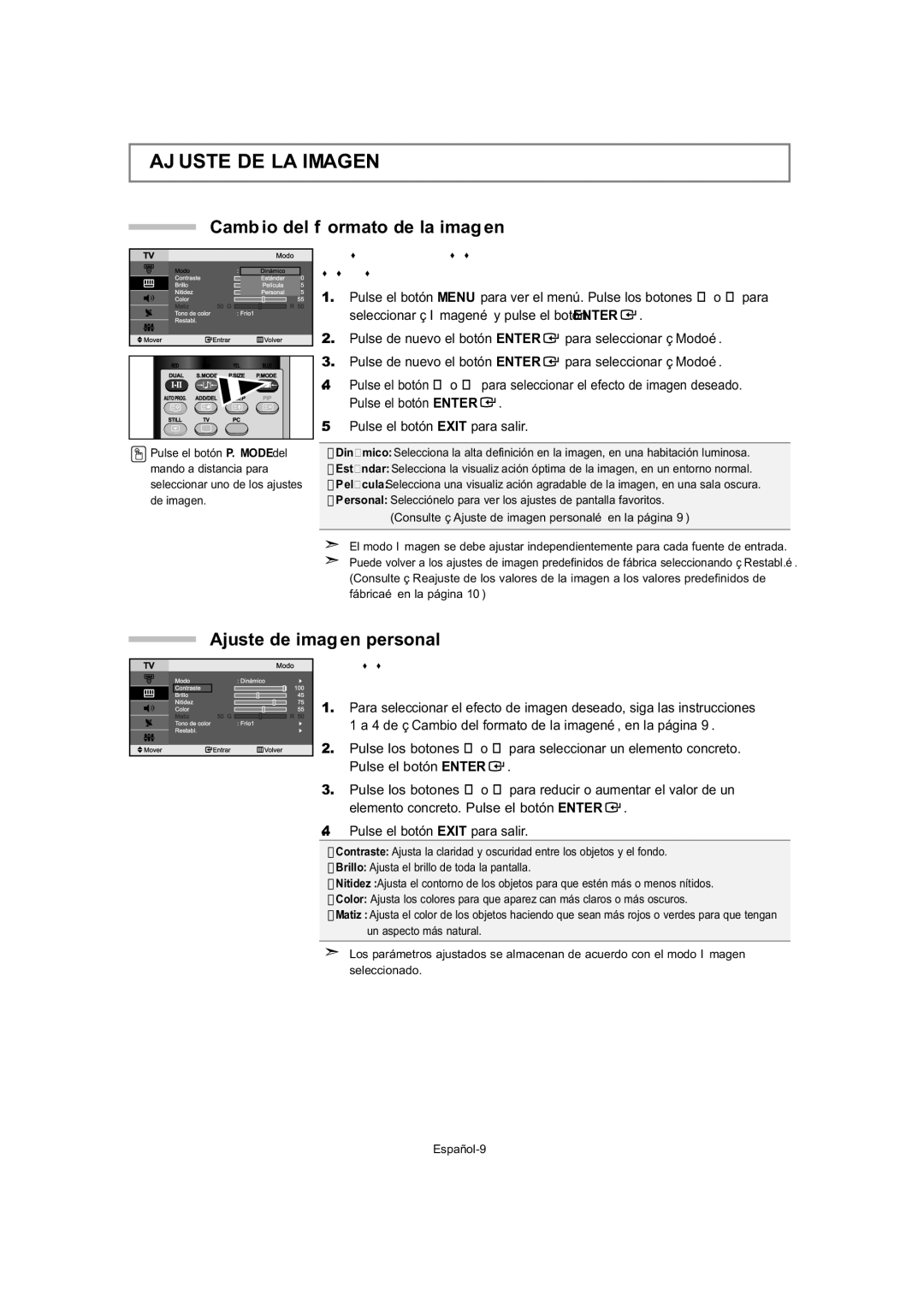 Samsung LE23T5, LE32T5, LE27T5 manual Ajuste DE LA Imagen, Cambio del formato de la imagen, Ajuste de imagen personal 