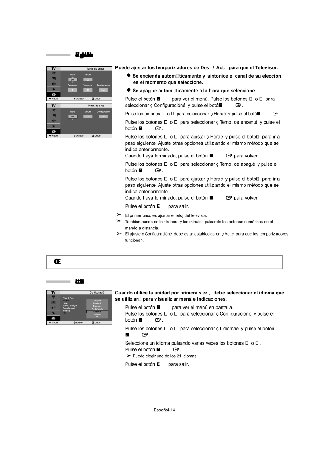 Samsung LE32T5, LE23T5, LE27T5 Otros Ajustes, Encendido y apagado de la televisión automáticamente, Selección del idioma 