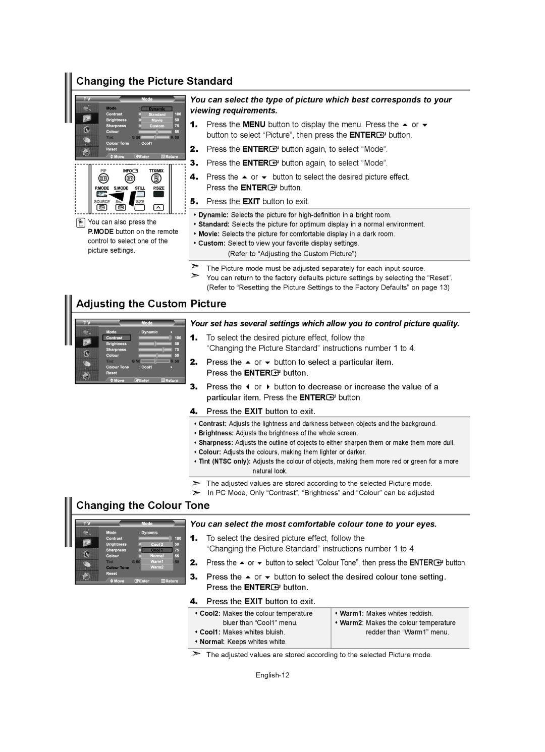 Samsung LE32R7, LE37R7, LE40R7, LE26R7 Changing the Picture Standard, Adjusting the Custom Picture, Changing the Colour Tone 