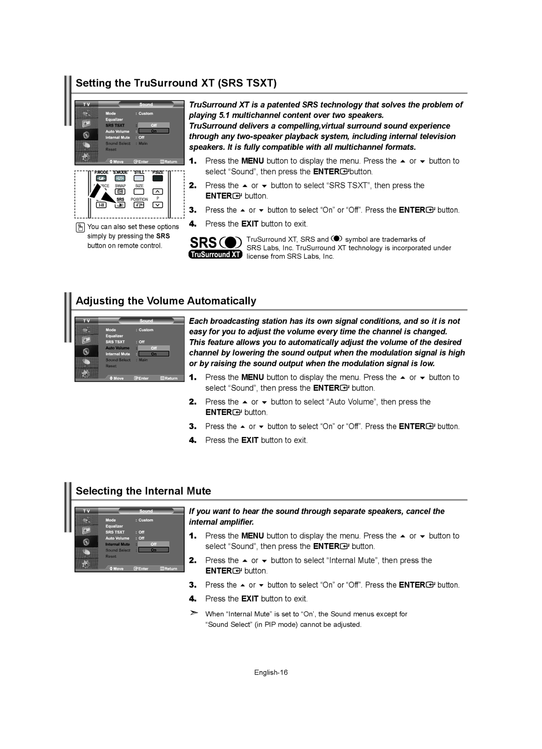 Samsung LE32R7 manual Setting the TruSurround XT SRS Tsxt, Adjusting the Volume Automatically, Selecting the Internal Mute 