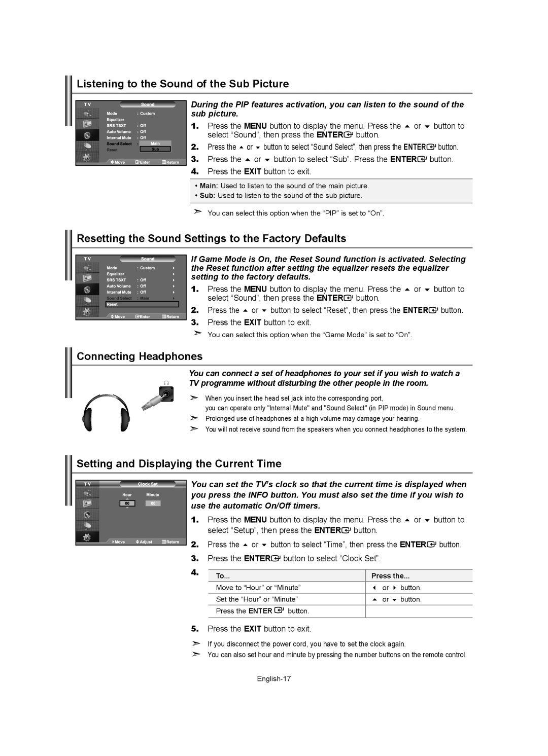 Samsung LE26R7, LE37R7 Listening to the Sound of the Sub Picture, Resetting the Sound Settings to the Factory Defaults 