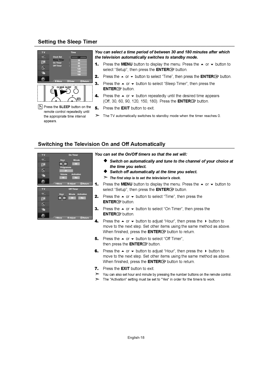 Samsung LE37R7, LE40R7, LE32R7, LE26R7 manual Setting the Sleep Timer, Switching the Television On and Off Automatically 