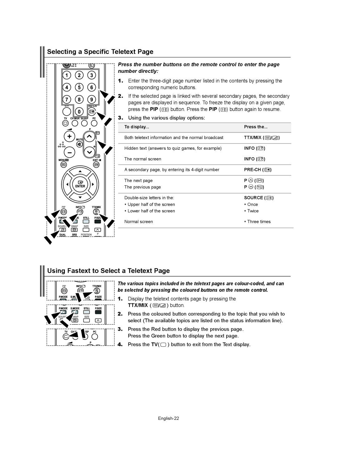Samsung LE37R7 manual Selecting a Specific Teletext, Using Fastext to Select a Teletext, Using the various display options 