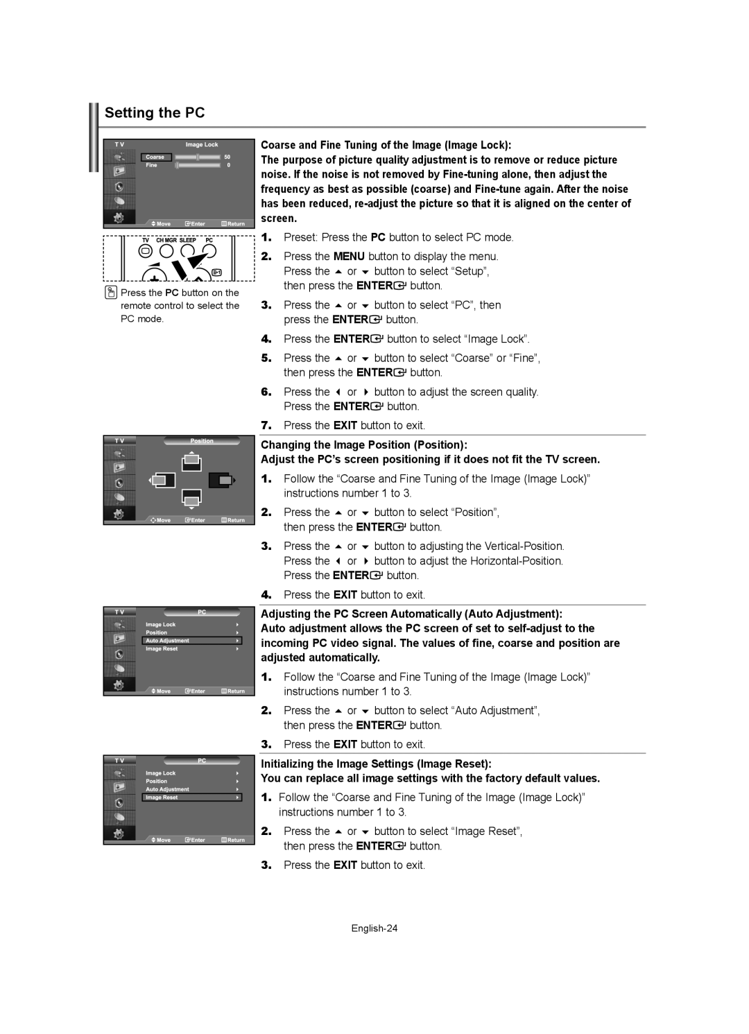 Samsung LE32R7, LE37R7, LE40R7, LE26R7 manual Setting the PC 