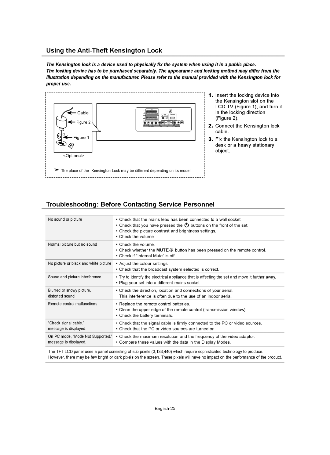 Samsung LE26R7, LE37R7, LE40R7 Using the Anti-Theft Kensington Lock, Troubleshooting Before Contacting Service Personnel 