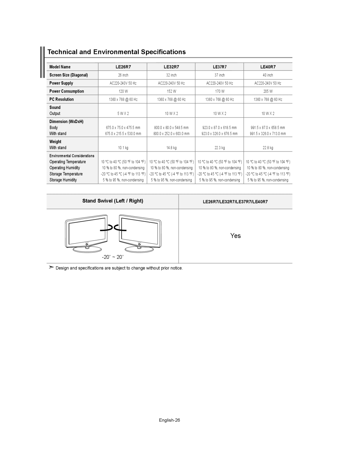 Samsung LE37R7, LE40R7, LE32R7, LE26R7 manual Technical and Environmental Specifications, 20˚ ~ 20˚ 