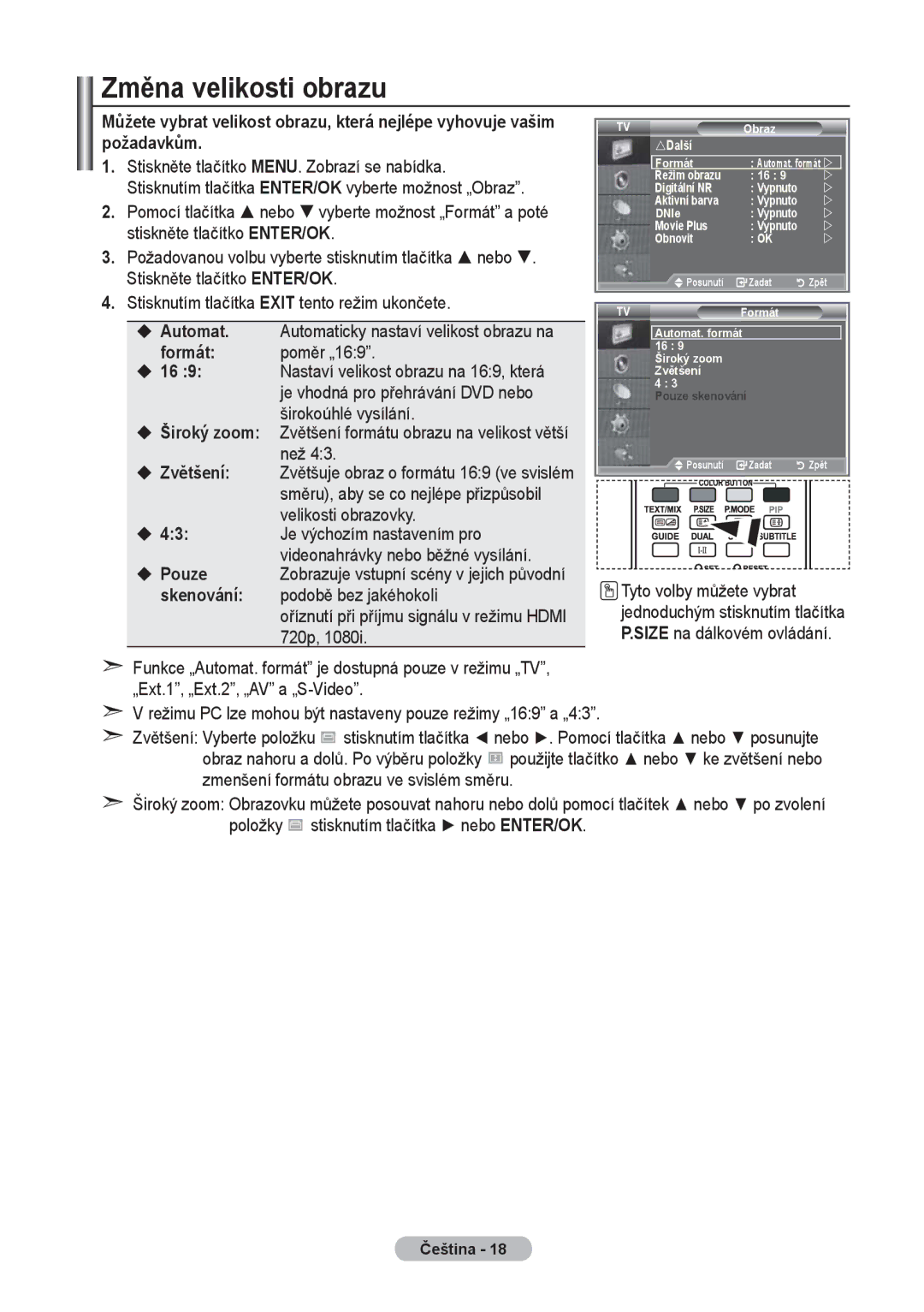 Samsung LE37R8, LE40R8, LE32R8 manual Změna velikosti obrazu, Formát 