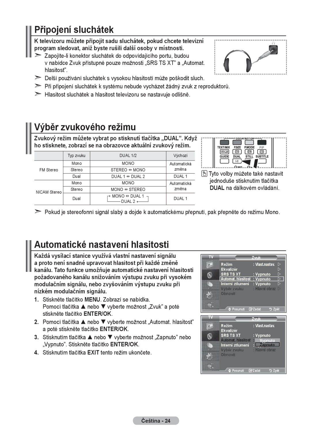 Samsung LE37R8, LE40R8, LE32R8 manual Připojení sluchátek, Výběr zvukového režimu, Automatické nastavení hlasitosti 