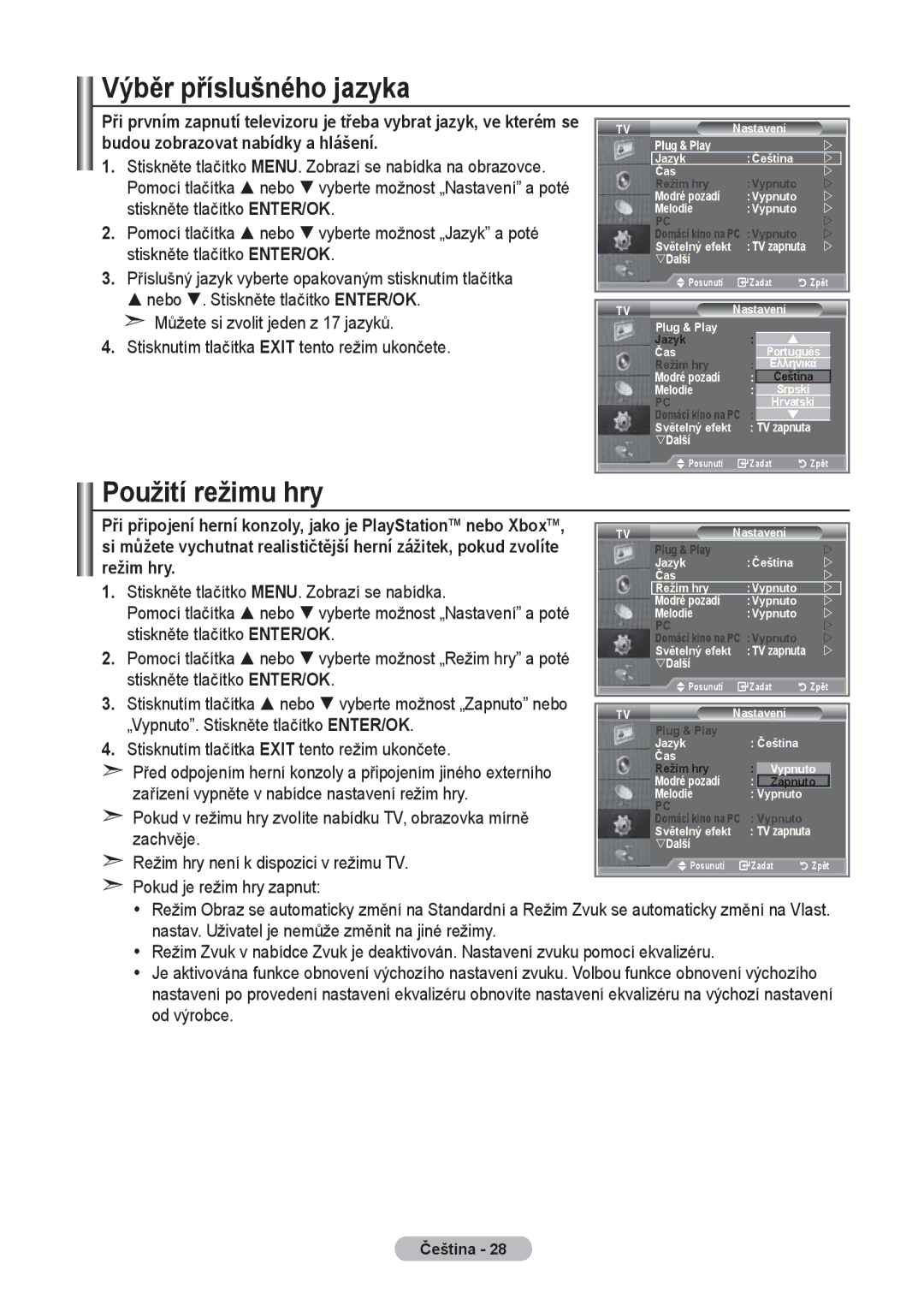 Samsung LE40R8, LE37R8, LE32R8 manual Výběr příslušného jazyka, Použití režimu hry 