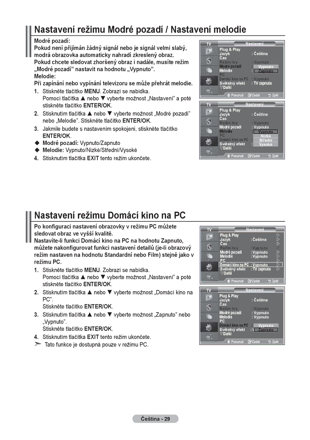 Samsung LE32R8, LE37R8 manual Nastavení režimu Modré pozadí / Nastavení melodie, Nastavení režimu Domácí kino na PC, Melodie 