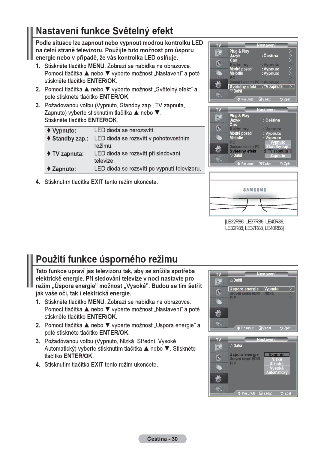 Samsung LE37R8, LE40R8, LE32R8 manual Nastavení funkce Světelný efekt, Použití funkce úsporného režimu 