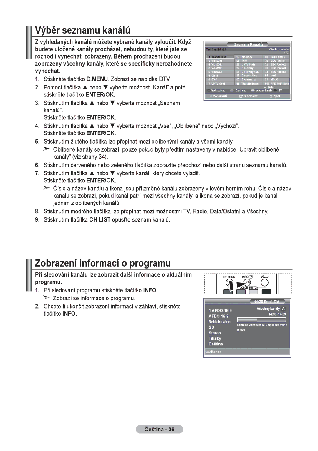 Samsung LE37R8, LE40R8, LE32R8 manual Výběr seznamu kanálů, Zobrazení informací o programu 