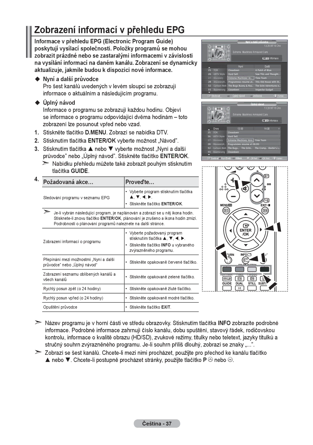 Samsung LE40R8 Zobrazení informací v přehledu EPG, ‹ Nyní a další průvodce, ‹ Úplný návod, Požadovaná akce… Proveďte… 