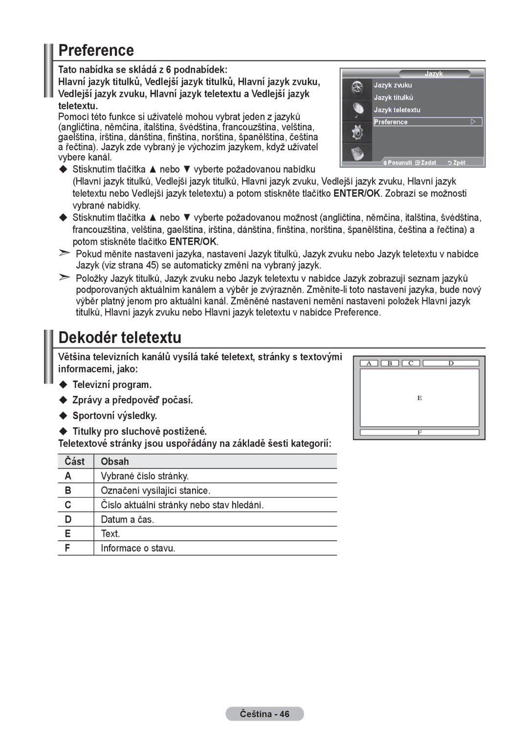 Samsung LE40R8, LE37R8, LE32R8 manual Preference, Dekodér teletextu 