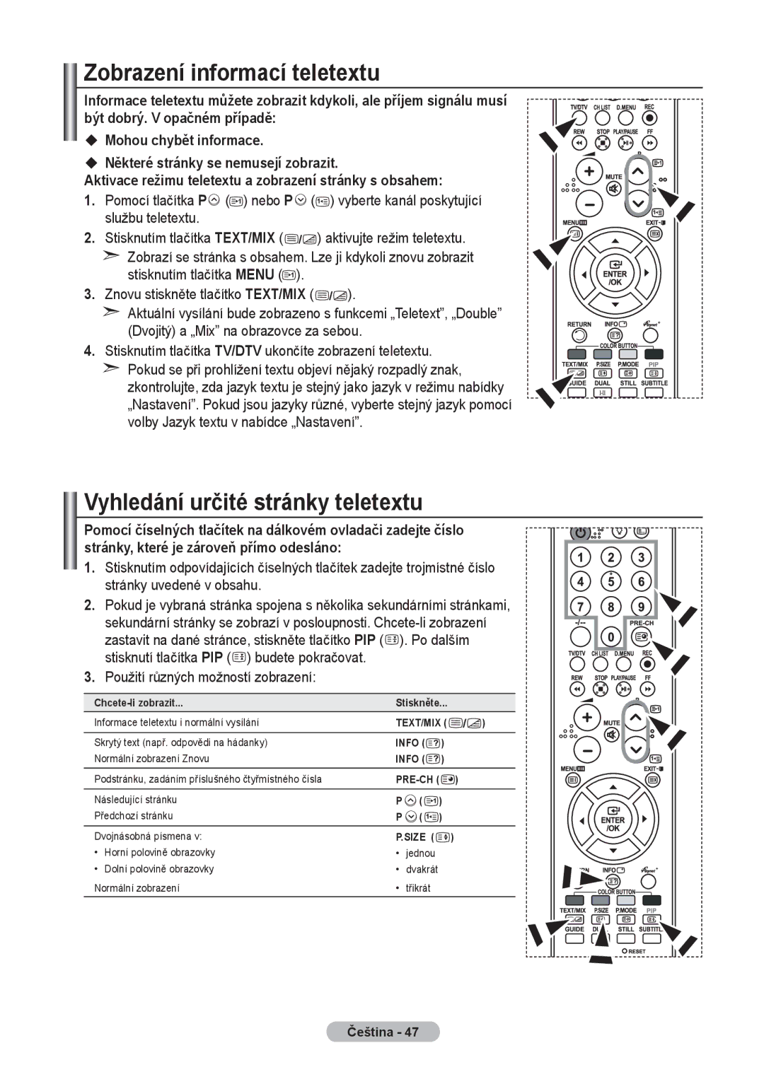 Samsung LE32R8 manual Zobrazení informací teletextu, Vyhledání určité stránky teletextu, Použití různých možností zobrazení 