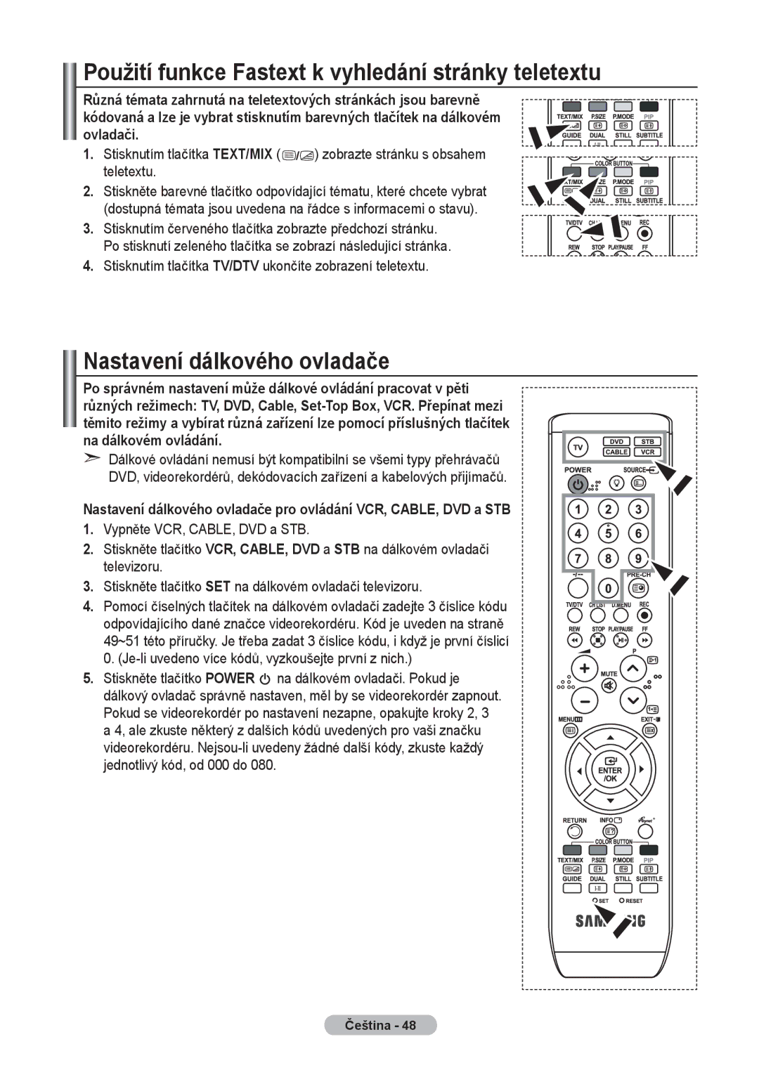 Samsung LE37R8, LE40R8, LE32R8 manual Použití funkce Fastext k vyhledání stránky teletextu, Nastavení dálkového ovladače 